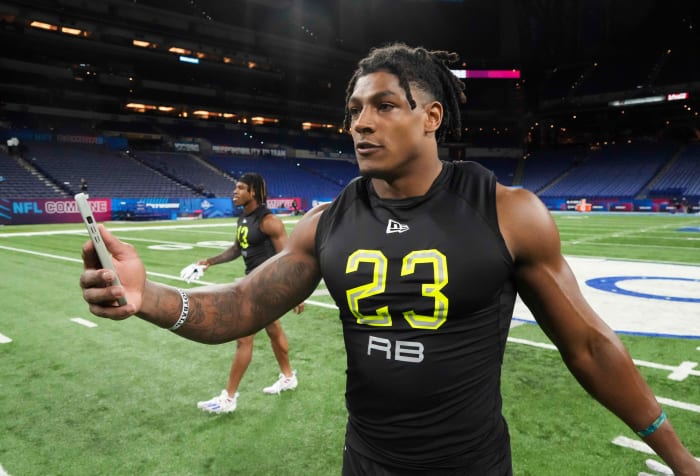 Mar 4, 2022; Indianapolis, IN, USA; Rutgers running back Isiah Pacheco (RB23) walks on the field after drills during the 2022 NFL Scouting Combine at Lucas Oil Stadium. Mandatory Credit: Kirby Lee-USA TODAY Sports